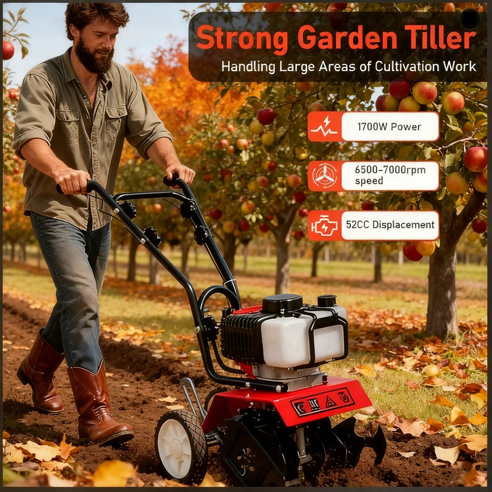 Heavy Duty 52CC Garden Tiller 1700W 6500-7000RPM Power Cultivator for Large Area Soil Tilling Farm Garden Cultivation Machine