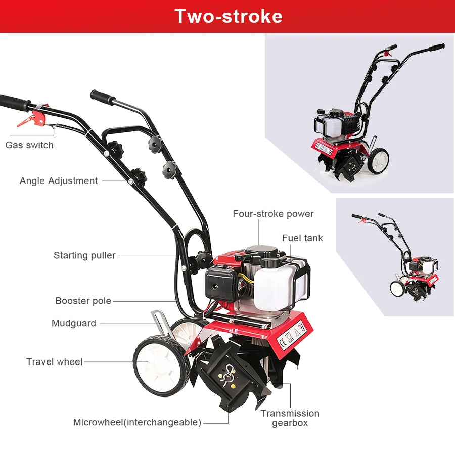 Heavy Duty 52CC Garden Tiller 1700W 6500-7000RPM Power Cultivator for Large Area Soil Tilling Farm Garden Cultivation Machine
