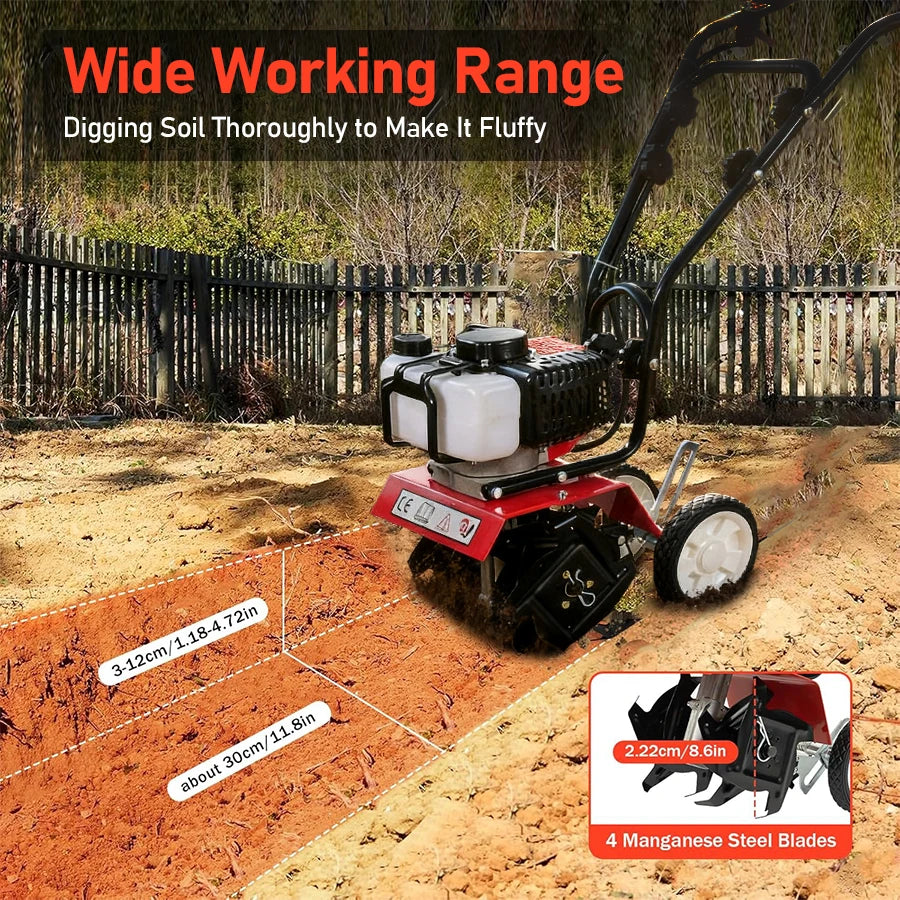 Heavy Duty 52CC Garden Tiller 1700W 6500-7000RPM Power Cultivator for Large Area Soil Tilling Farm Garden Cultivation Machine